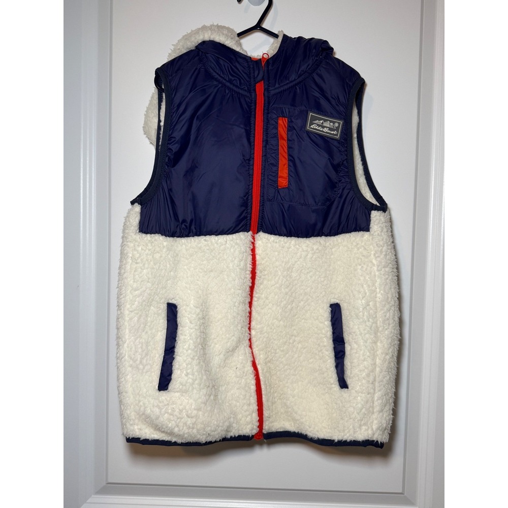 Eddie Bauer Kids Hooded Sherpa Fleece Vest Blue White Size M 10/12